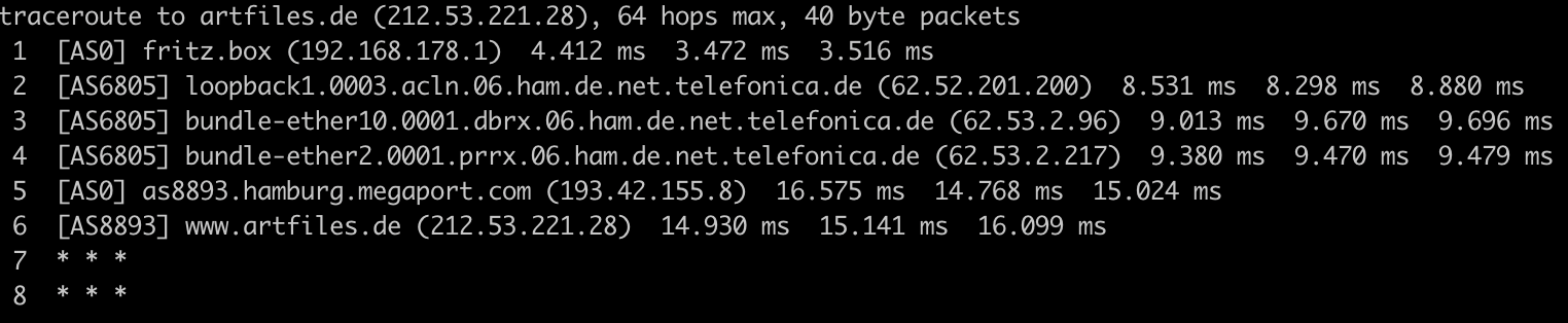 Beispielergebnis eines Traceroutes auf MacOS